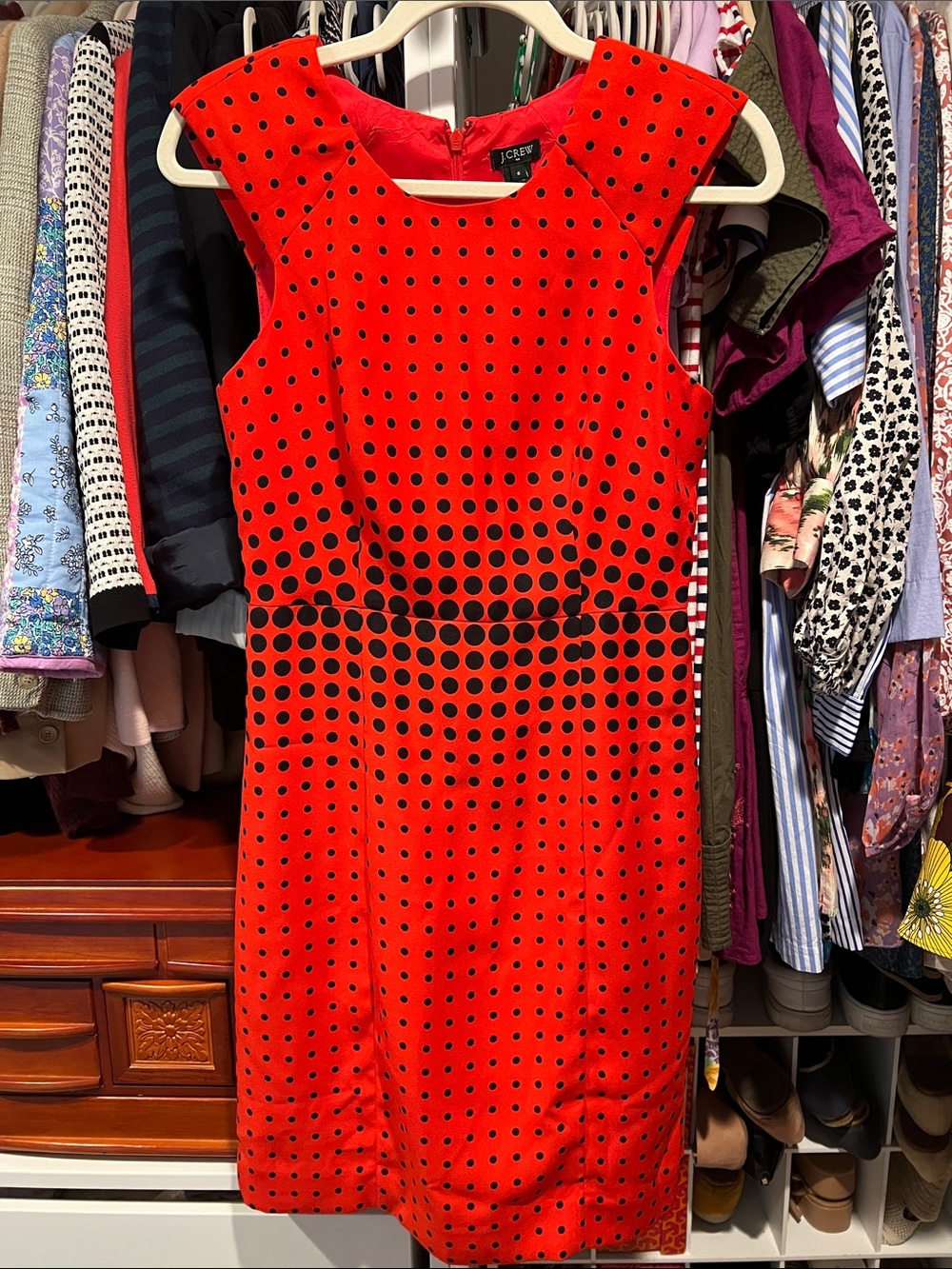 J. Crew Red and Black Polka Dot Midi Sheath Dress